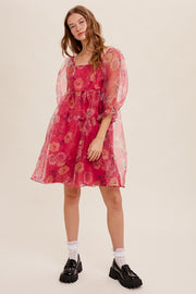 Pink Floral Organza Square Neck Babydoll Dress