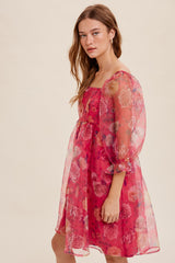 Pink Floral Organza Square Neck Babydoll Dress