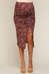 Burgundy Dot Print Ruched Slit Maternity Skirt