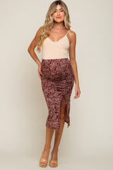 Burgundy Dot Print Ruched Slit Maternity Skirt