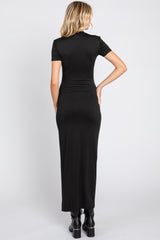 Black Mock Neck Front Slit Short Sleeve Maxi Dress