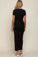 Black Mock Neck Front Slit Short Sleeve Maternity Maxi Dress