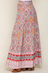 Red Printed Smocked Waist Maxi Skirt