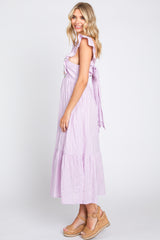 Lavender Floral Embroidered Tie Back Midi Dress