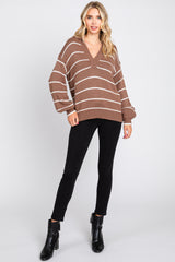 Brown Striped V-Neck Collared Sweater