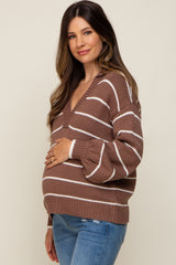 Brown Striped V-Neck Collared Maternity Sweater