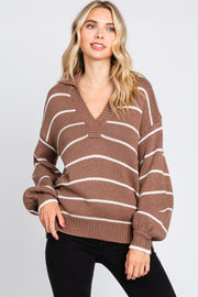 Brown Striped V-Neck Collared Sweater