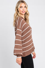 Brown Striped V-Neck Collared Sweater