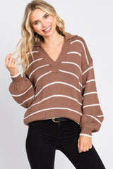 Brown Striped V-Neck Collared Sweater