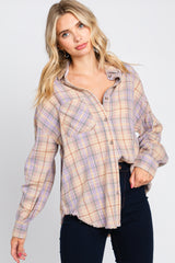 Lavender Plaid Button Up Raw Edge Maternity Flannel Top