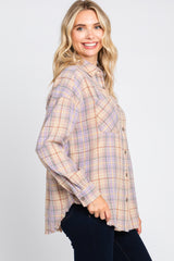 Lavender Plaid Button Up Raw Edge Flannel Top