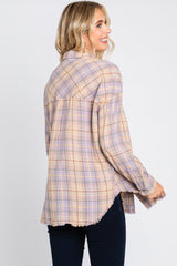 Lavender Plaid Button Up Raw Edge Flannel Top