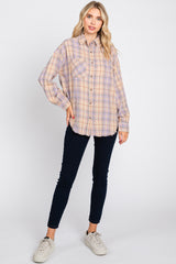 Lavender Plaid Button Up Raw Edge Flannel Top