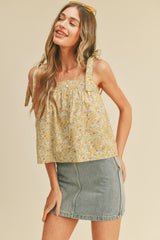 Golden Yellow Floral Floral Button Down Tie Strap Tank