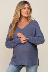 Blue Chunky Knit Side Slit Maternity Sweater