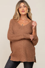 Mocha Chunky Knit Side Slit Maternity Sweater