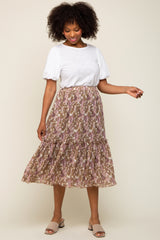 Mocha Floral Plisse Ruffle Accent Maternity Midi Skirt