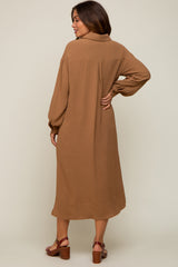 Camel Button Down Collared Maternity Maxi Dress