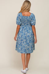 Blue Floral Square Neck Denim Maternity Dress