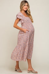 Light Pink Floral Flutter Maternity Midi Dress