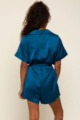 Teal Satin Button Down Romper