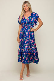 Royal Blue Floral Satin Ruffle Midi Dress