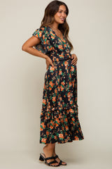 Black Floral Satin Ruffle Maternity Midi Dress