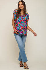 Fuchsia Multi-Color Floral Ruffle Front Tie Maternity Top