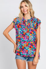 Fuchsia Multi-Color Floral Ruffle Front Tie Maternity Top