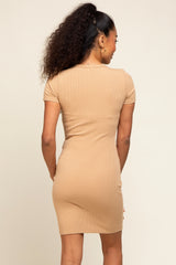 Beige Split Neck Ribbed Fitted Dress