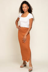 Camel Ribbed Side Slit Sweater Midi Skirt