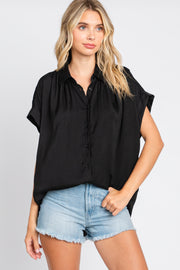 Black Satin Button Front Collared Short Sleeve Top