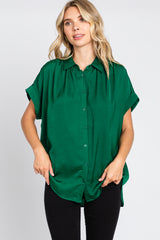 Forest Green Satin Button Front Collared Short Sleeve Top