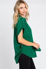 Forest Green Satin Button Front Collared Short Sleeve Top