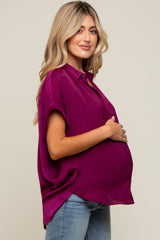 Magenta Satin Button Front Collared Short Sleeve Maternity Top