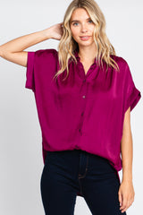 Magenta Satin Button Front Collared Short Sleeve Top