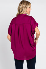 Magenta Satin Button Front Collared Short Sleeve Top