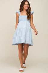 Light Blue Sleeveless Ruffle Tiered Maternity Dress