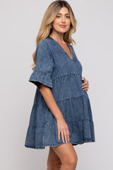 Blue Vintage Wash Tiered Maternity Dress