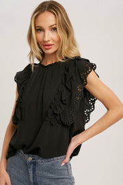 Black Ruffled Eyelet Lace Blouse