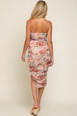 Multicolor Floral Mesh Ruched Maternity Midi Dress