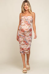 Multicolor Floral Mesh Ruched Maternity Midi Dress