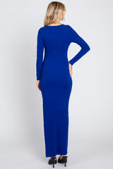 Royal Ribbed Long Sleeve Side Slit Maxi Dress