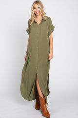 Olive Button Down Maternity Midi Dress