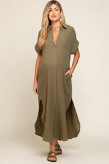 Olive Button Down Maternity Midi Dress