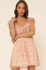 Peach Floral Wide Deep V Ruffle Flounce Mini Dress