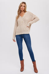 Beige Chunky Knit Button V-Neck Maternity Sweater