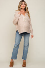 Beige Chunky Knit Button V-Neck Maternity Sweater