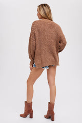 Mocha Chunky Knit Button V-Neck Sweater