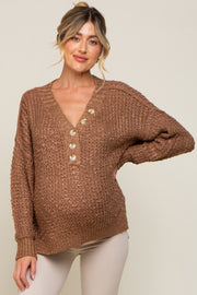 Mocha Chunky Knit Button V-Neck Maternity Sweater